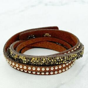 Rhinestone Studded Strappy Brown Wrap Adjustable Snap Bracelet